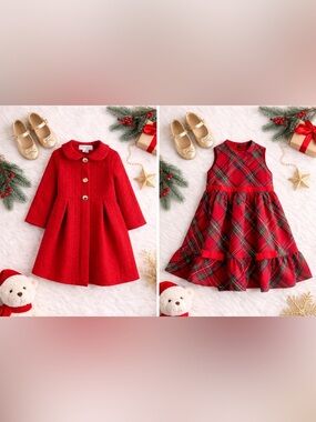 Matching Holiday Toddler Outfit 4T | Red Coat & Plaid Christmas Dress Set
